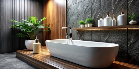 Fototapeta premium Panoramic Hotel Bathroom: Modern Shower Gel Bottle, Black Textured Wall, Wooden Bath Edge