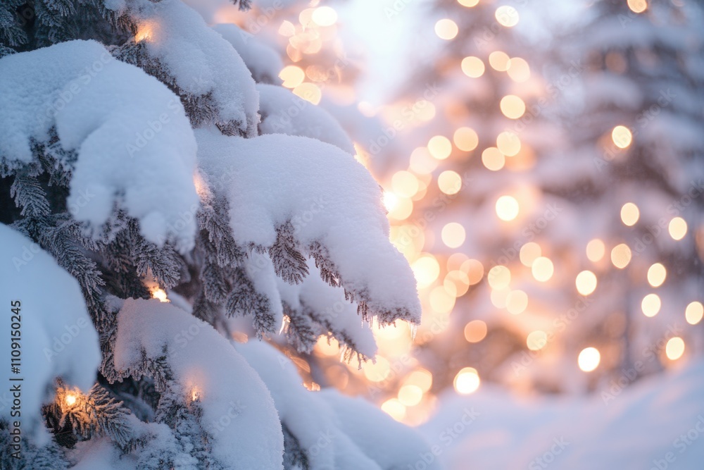 Poster A tree covered in snow with string lights shining in the background, perfect for winter scenes and festive decorations