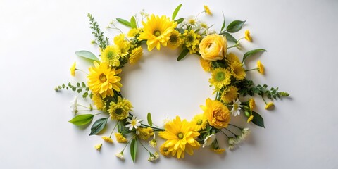 Delicate Floral Wreath of Bright Yellow Flowers on a Soft White Background for Spring and Summer Celebrations, Perfect for Easter Decor, Flat Lay Composition with Copy Space
