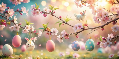 A whimsical spring scene with delicate pink blossoms and colorful Easter eggs hanging from the branches.