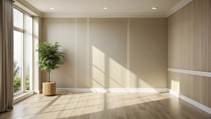 Minimalist interior design with natural light streaming through large windows, showcasing an empty room with beige walls and a decorative wood paneling accent wall, a potted plant, and wooden floors.
