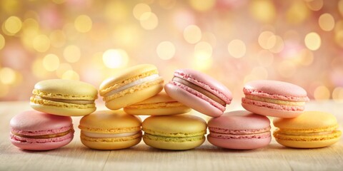 Obraz premium Delightful Macarons Arrangement on Pastel Background - Sweet French Dessert in Yellow and Pink Colors with Bokeh Effect for Culinary and Food Photography