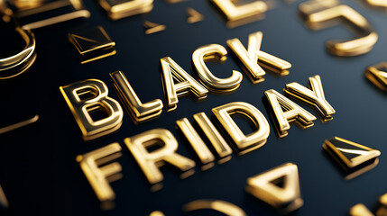 Shiny gold lettering showcases "Black Friday" against a sleek black backdrop, perfect for seasonal marketing and promotional materials.