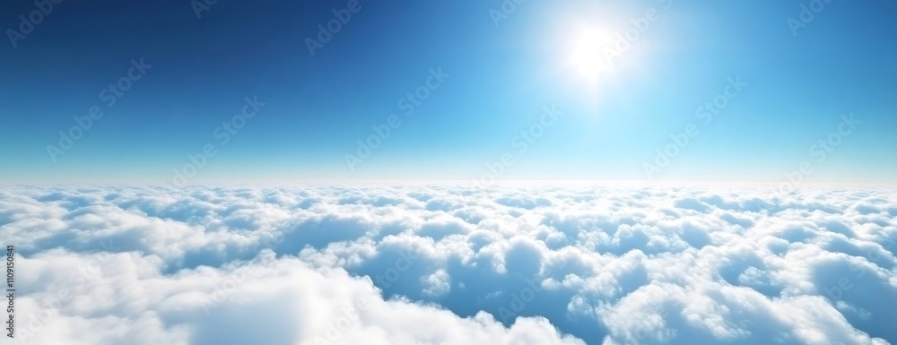 Poster A serene view of a clear blue sky with soft, fluffy clouds illuminated by bright sunlight, creating a peaceful and uplifting atmosphere.