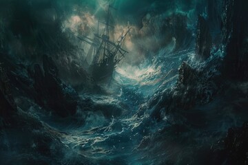 Obraz premium A Ship Bathed in the Gloom of a Stormy Sea