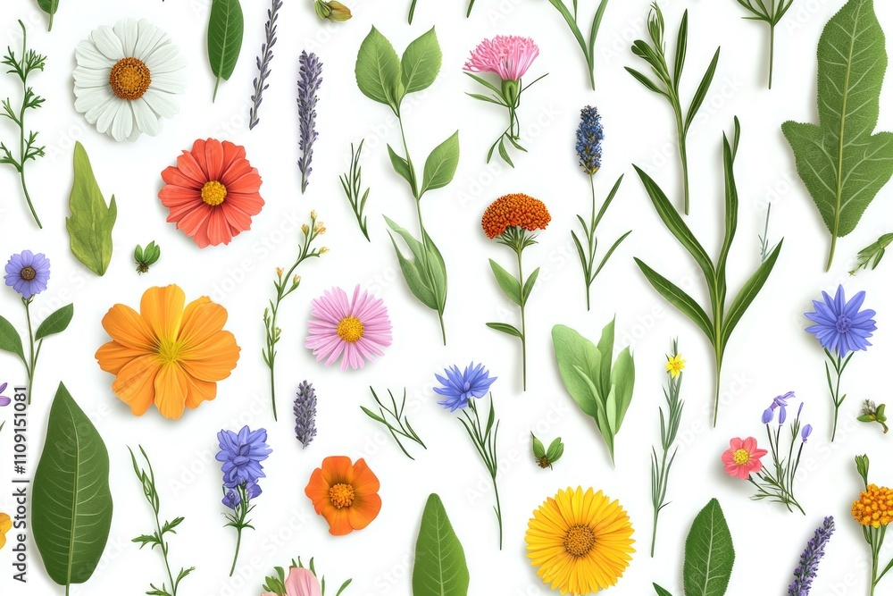 Poster close-up shot of multiple flower species on a clean white surface, suitable for editorial or commerc