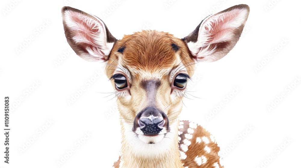 Poster a close-up shot of a deer's face on a white background, ideal for use in wildlife or nature-related 
