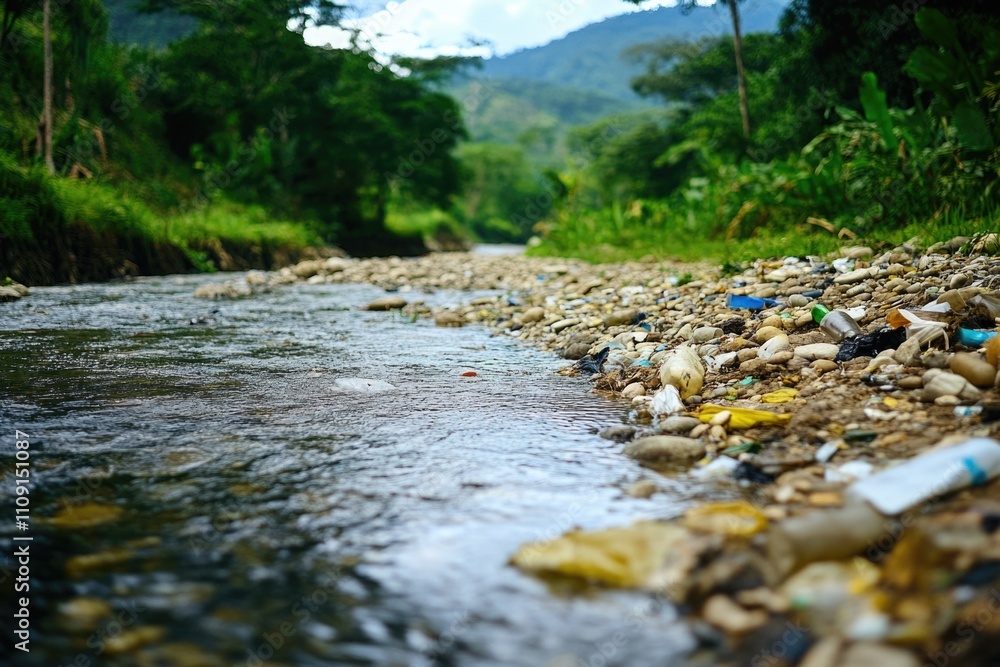 Poster a polluted river surrounded by trees and underbrush, highlighting the issue of environmental waste a
