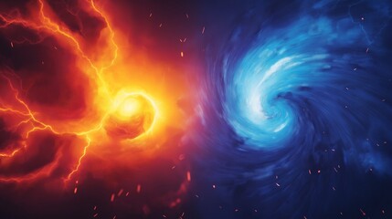 Fototapeta premium Dramatic cosmic clash between fiery sun and swirling blue vortex in a vivid astronomical setting.