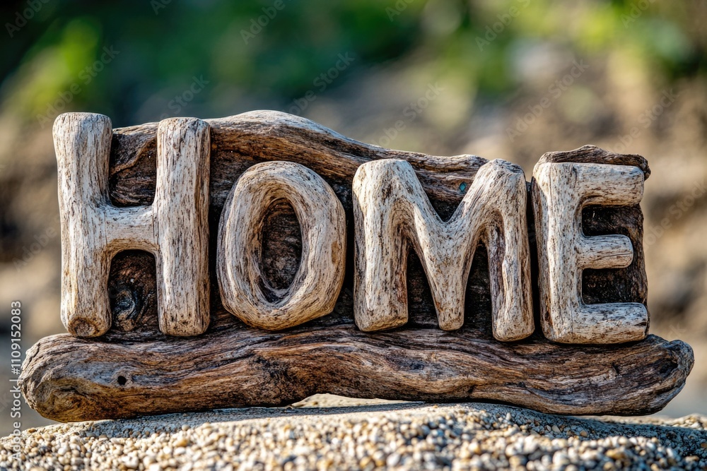 Poster a rustic wooden sign with the word 'home' written on it is placed on a natural rock, a simple yet ef