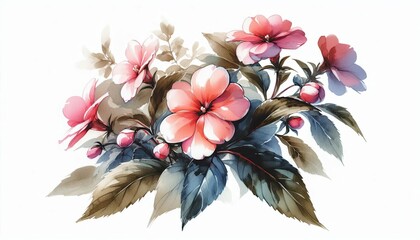 Impatiens flowers in watercolor illustration with loose and fluid forms,