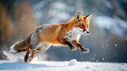 Obraz premium Red Fox Winter Hunt: Macro Snow Jump Mouse Capture