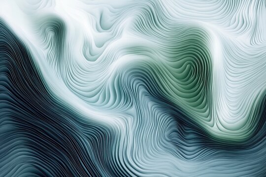 Abstract layered design with soft, flowing contours in shades of green and white, creating a 3D wavy texture resembling a topographic landscape