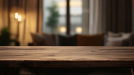 A soft-focus image of a wooden tabletop, set against a cozy interior with blurred furniture and warm lighting in the background.