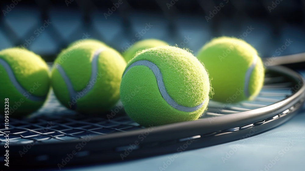 Poster a tennis racket with four balls on it, ready for a game