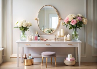 Elegant Minimalist Vanity Table with Soft Pastel Beauty Products and Mirror for Chic Interior Design and Lifestyle Aesthetics, Perfect for Beauty Projects and Decorating Ideas