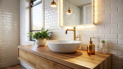 Fototapeta premium Elegant Modern Bathroom with Brushed Brass Tap Mixer on Timber Vanity and White Basin Bowl, Natural Light from Window Enhancing the Contemporary Interior Design Aesthetic