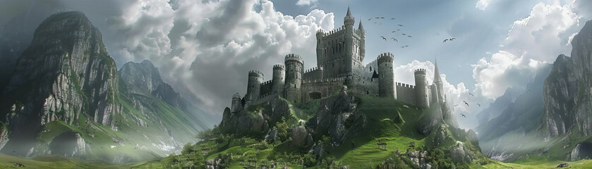 Fototapeta premium Fantasy Castle: Fantasy castle colors like castle stone gray, dragon scale green, and knight's armor silver create a fantasy castle theme