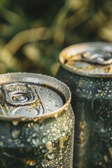 Two soda cans with labels and caps, photographed from a close angle