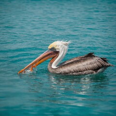 A scarlet ibis walking through shallow water with muted surroundings.
