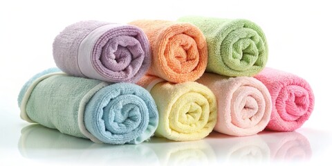 A Vibrant Stack of Rolled Towels in Soft Pastel Colors Isolated on White, Symbolizing Freshness and Comfort for Spa and Home Decor Concepts