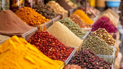 Various spices and herbs are neatly arranged in containers, showcasing a rich variety of colors and textures at a market