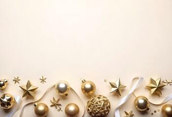 Fototapeta premium A festive holiday background with golden ornaments, ribbons, and other decorative elements on a light beige surface
