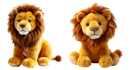 Fototapeta premium Pair of Adorable Stuffed Toy Lions with Bushy Manes on Display isolated on a white background