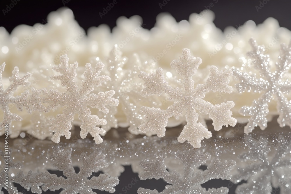 Poster a close-up view of delicate snowflakes on a table