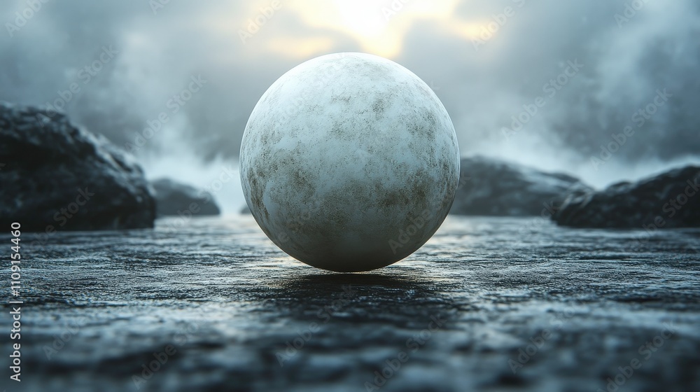 Poster abstract white sphere on a dark rocky surface with background mist and soft light illuminating the h