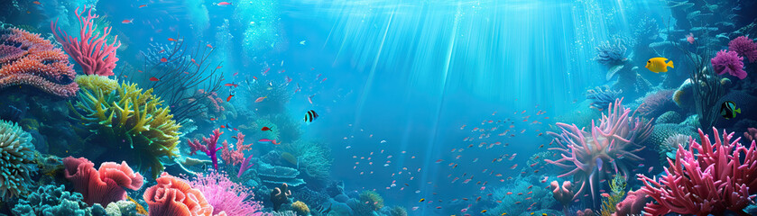 Fototapeta premium Underwater Adventure: Underwater adventure colors like ocean blue, coral reef pink, and sea creature green create an underwater adventure theme