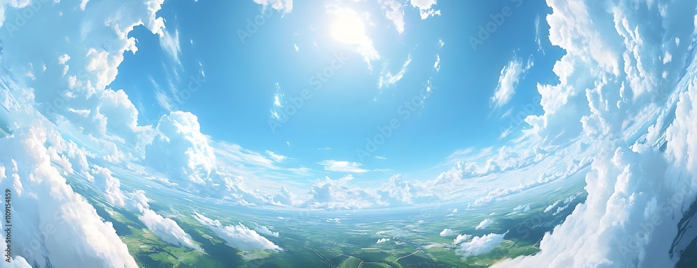 Aufkleber a panoramic view of vibrant blue skies filled with fluffy clouds and sunlight shining brightly, crea