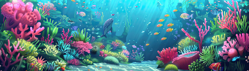 Fototapeta premium Underwater Adventure: Underwater adventure colors like ocean blue, coral reef pink, and sea creature green create an underwater adventure theme