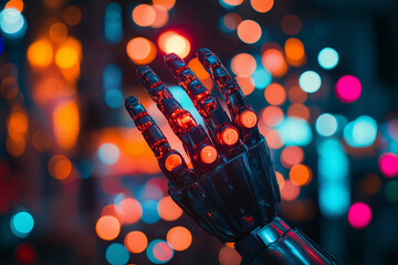 Robotic hand on blurred bokeh background