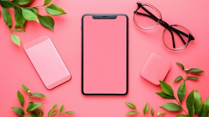 Flat lay of pink and black phone, eyeglasses, and small pink object, surrounded by fresh greenery on a vibrant pink surface.