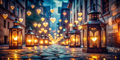 Obraz premium Enchanting Urban Exploration with Glowing Heart-Shaped Lanterns Creating a Dreamy Atmosphere for Magical Nighttime Adventures in a Cityscape Setting