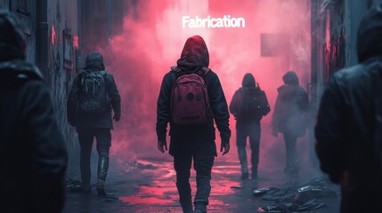 Hooded figures walk down a smoky alley at night.