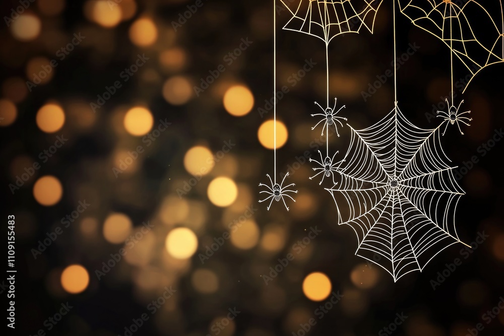 Poster two spider webs hang from strings against a backdrop of bokeh lights