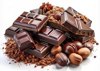 Exquisite Display of Decadent Chopped and Milled Chocolate on a White Background, Perfect for Gourmet Food Photography and Culinary Inspirations