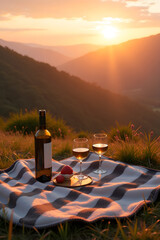Scenic sunset picnic with wine and fruits on a mountain meadow