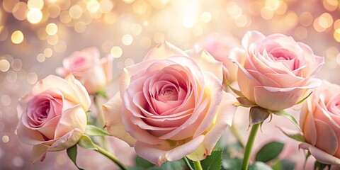 Fototapeta premium Soft Pink Roses with Bokeh Effect - Beautiful Floral Background, Romantic and Dreamy, Perfect for Weddings, Invitations, and Home Decor, Elegant Floral Design, Nature Photography