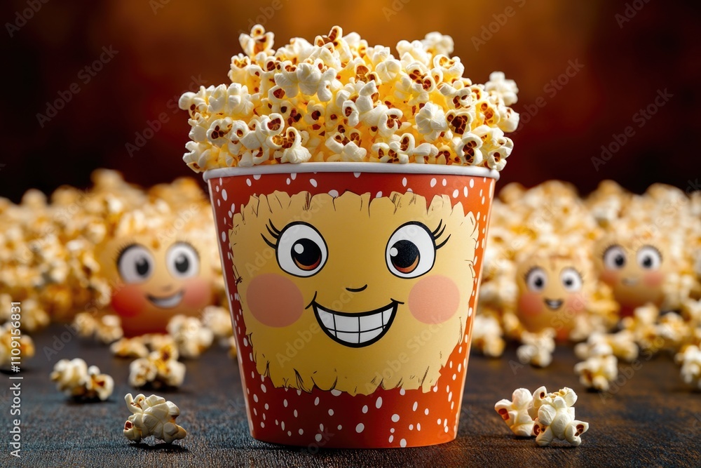 Poster a bucket of popcorn with a cartoon-like face drawn on it