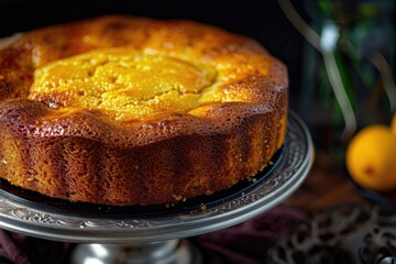 A single serving cake sits atop a silver cake plate, perfect for a special treat or dessert