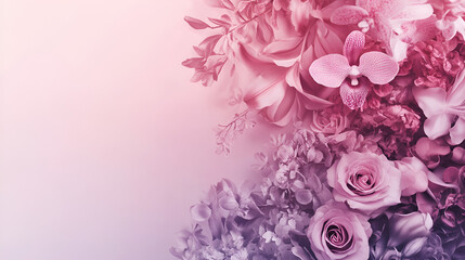 Fototapeta premium A stunning floral background featuring roses and orchids in gentle pink hues, perfect for wedding invitations or romantic design projects.