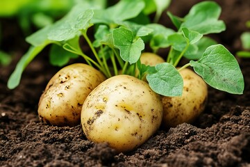 Three small potatoes are growing in the dirt