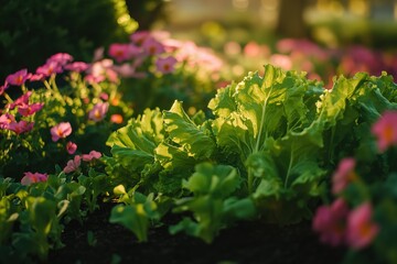 Naklejka premium A garden with a variety of flowers and green lettuce