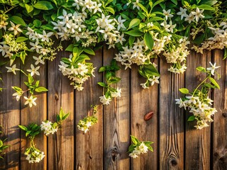 Aerial View of Fragrant Jasmine Flowers in Full Bloom Cascading Over a Rustic Wooden Fence Surrounded by Lush Greenery and Soft Natural Light Enhancing the Scenic Beauty