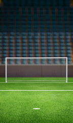 Fototapeta premium Empty football goal on a stadium field with stands in the background, vertical composition, ideal for sports promotions, event marketing, or creative designs