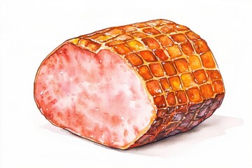 Watercolor illustration of a slice of ham on a white background
