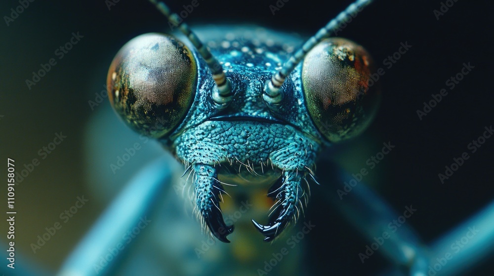 Poster a close-up view of a small insect's facial features, with intricate details and texture